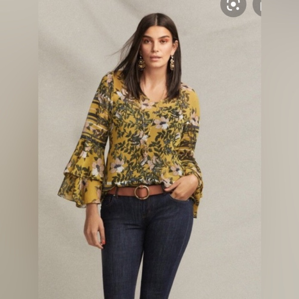 CAbi Scene Blouse‎ Mustard Yellow Floral Sheer V Neck 5518 Large